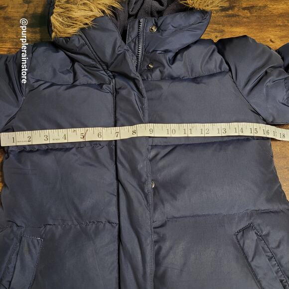 GAP Kids Down Puffer Coat M Faux Fur Trim Hood Navy Outdoor Winter Sledding - Picture 9 of 13